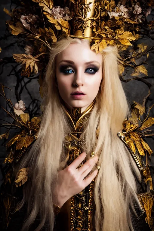 Image similar to very beautiful elven top model, golden hair, wearing alexander mcqueen gothic victorian armor with leaves and flowers, luxury materials, symmetrical, cinematic, elegant, professional studio light, real dlsr photography, sharp focus, 4 k, ultra hd, sense of awe, high fashion