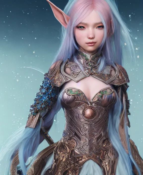 Prompt: a beautiful and highly detailed digital portrait of a dignified elf with long blue hair in rose gold armor by artgerm and lu ji, centered, artsation contest winner, cgsociety, fantasy art, cryengine, concept art, photorealism, daz 3 d, sketchfab, zbrush, vray