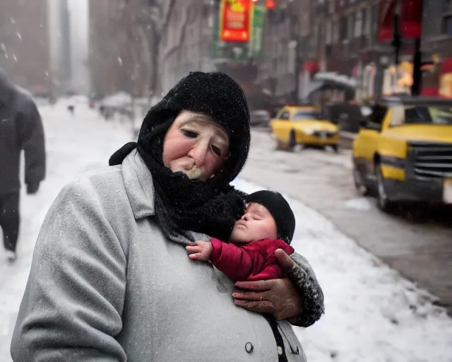 Prompt: there's an infant clinging to his overweight mother in the cold as they go to shop for cigarettes, portra 4 0 0 candid photograph portrait by annie leibovitz, humans of new york, 3 5 mm macro shot, f / 3 2, hyperrealistic, cinematic lighting, hd wallpaper, 8 k, 4 k