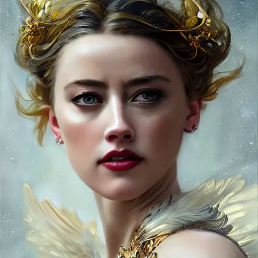 Image similar to hyperrealistic portrait of a woman as amber heard as greek goddess of the night sky wearing white swan dress wearing sapphire jewellery feather collar by jeremy mann and alphonse mucha, fantasy art, photo realistic, dynamic lighting, artstation, poster, volumetric lighting, very detailed faces, 4 k, award winning