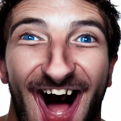 Image similar to photo of a man's face in ecstatic ecstacy, close up shot, looks incredibly happy, professional photography