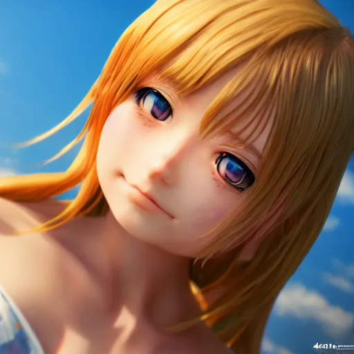 Image similar to Render of a very beautiful 3d anime girl, long hair, hazel eyes, full round face, short smile, cute sundress, golden hour, serene beach setting, medium shot, mid-shot, highly detailed, trending on Artstation, Unreal Engine 4k