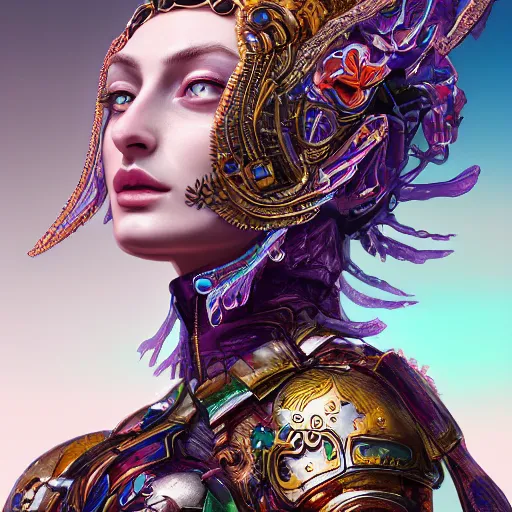 Prompt: sophie turner studio portrait of legitimate kind colorful female divine mech paladin transformers absurdly beautiful, elegant, young sexy elegant woman, super fine surreal detailed facial illustration by kim jung gi, iraq nadar, intricate lines, clear focus, vivid colors, matte, octopath voyager, final fantasy, unreal engine highly rendered, global illumination, radiant light, intricate environment