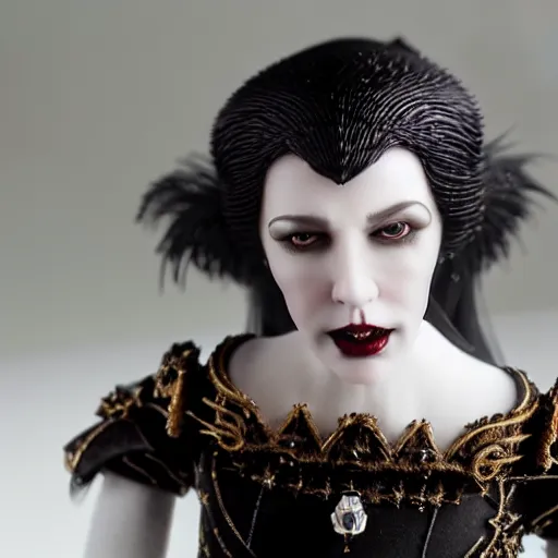 Image similar to photo taken of an epic intricate, ultra detailed, super realistic stop motion puppet of a majestic gracious regal aristocratic brunette female vampire and gothic filmset created by weta workshop, menacing, wide angle, full body shots, photorealistic, sharp focus, white wall, extremely cold blueish colour temperature, 3 5 mm, f 1. 4, golden ratio