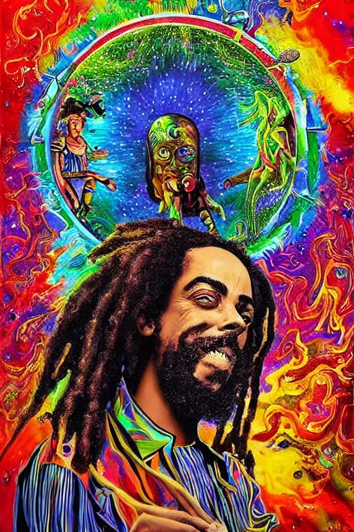 Image similar to a high hyper detailed painting with many complex textures of damian marley making music in the cosmos, cosmic surreal psychedelic magic realism spiritual ufo art