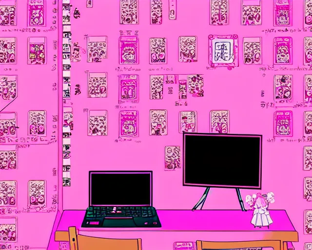 Prompt: chihiro! fujisaki, thinkpad!, coding time, room is baroque with pink elements, manga style