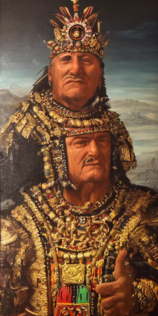 Image similar to Highly detailed and cinematic Renaissance period portrait oil painting of the Aztec emperor Montezuma!! an oil painting ((masterpiece)) by ((Josep Tapiró Baró)), dynamic lighting, 8K, Aztec!!