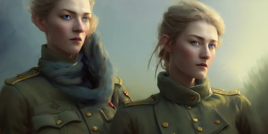 Image similar to a beautiful nordic woman, blue eyes, wearing a world war 1 uniform, extremely detailed digital painting, in the style of fenghua zhong and ruan jia and jeremy lipking and peter mohrbacher, mystical colors, rim light, beautiful lighting, 8 k, stunning scene, raytracing, octane, trending on artstation