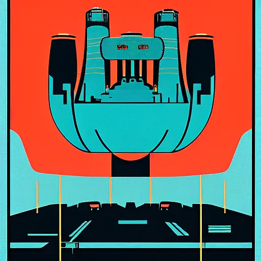 Prompt: nuclear sci fi power station in the style of Charley Harper and Eric Fraser, post-war, colourful