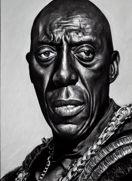 Prompt: portrait of scatman crothers as a threatening warlord character in mad max 2 : the road warrior, film still, detailed realism face in painting, detailed beautiful portrait, oil painting masterpiece, 8 k resolution, smooth, sharp focus, trending on artstation, by rembrandt