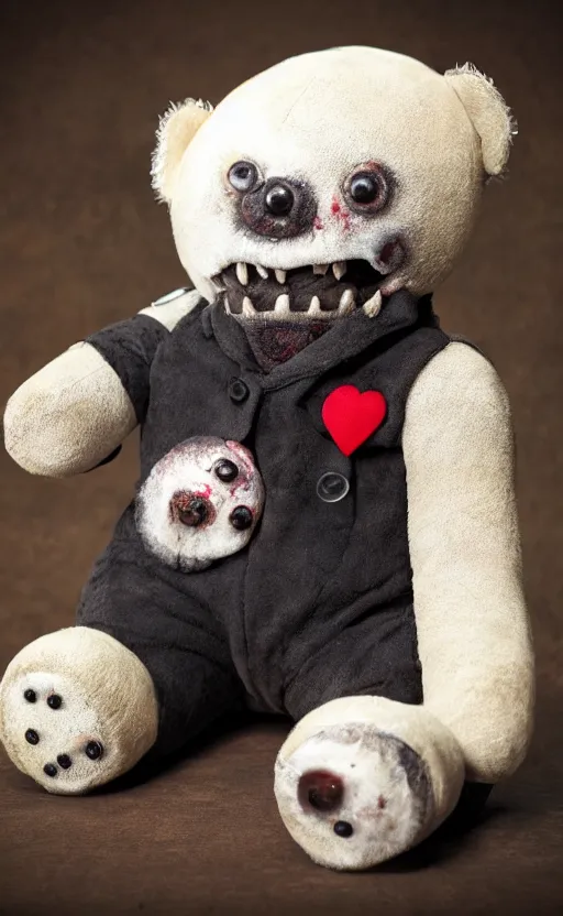 Prompt: plush zombie teddy bear, portrait photo, realistic, ultra wide lens, 2 k, ultra hd, uhd, 4 k, blu - ray, 8 k