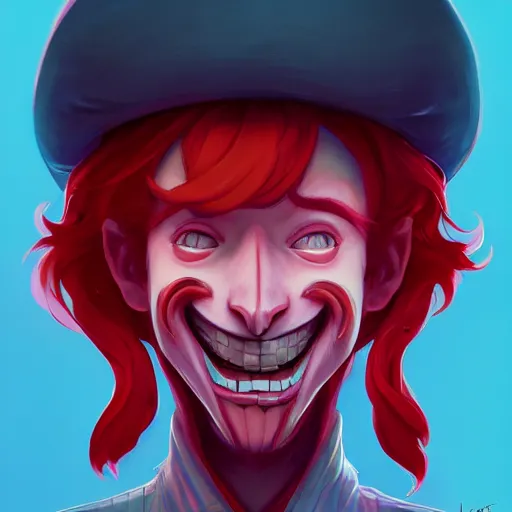 Image similar to a portrait of the happy mask salesman, grinning, red hair, art by lois van baarle and loish and ross tran and rossdraws and sam yang and samdoesarts and wlop, digital art, highly detailed, intricate, sharp focus, trending on artstation hq, deviantart, unreal engine 5, 4 k uhd image