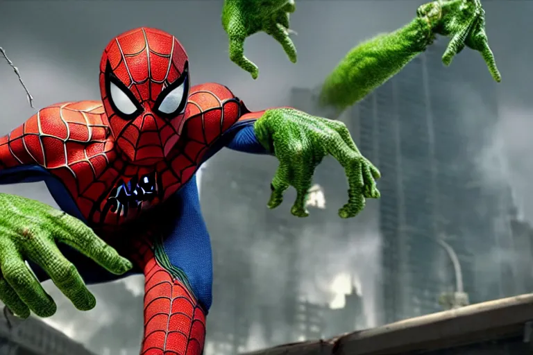 Image similar to sam raimi spider-man, played by tobey maguire battles the lizard, a large green monster wearing a lab coat, ultra realistic, 4K, movie still, UHD, sharp, marvel, cinematic