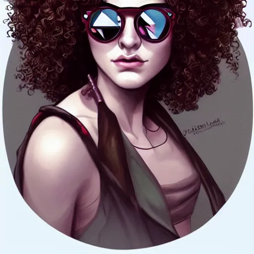 Prompt: beautiful portrait commission of a girl with curly hair and big red round sunglasses. character design by charlie bowater, detailed, inked, western comic book art