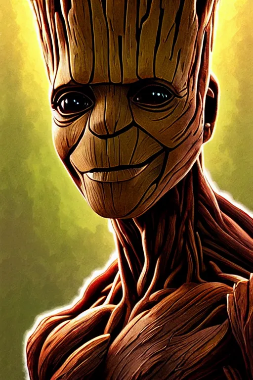 Prompt: a portrait of groot from guardians of the galaxy, fantasy, sharp focus, intricate, elegant, digital painting, artstation, matte, highly detailed, concept art, illustration, ambient lighting, art by ilya kuvshinov, artgerm, alphonse mucha, and greg rutkowski