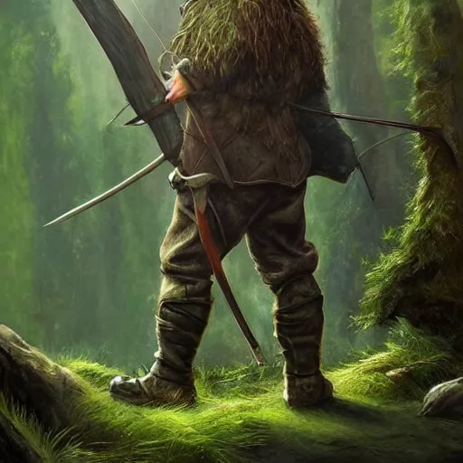 Image similar to a rugged warrior hobbit in leather armor with very short hair and a dark green cloak hiking through the forest holding a hunting bow, trending on artstation, realistic, detailed, by Tony Sart