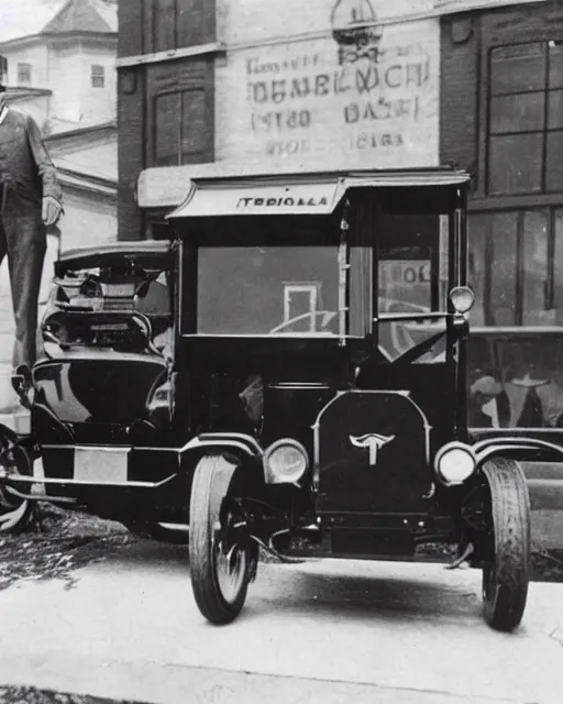 Image similar to 1 9 2 0 s photo of a person standing next to a tesla model t