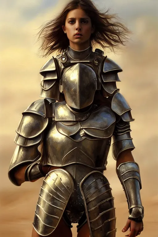 Prompt: a photorealistically painted portrait of an attractive young girl, partially clothed in metal-plated battle armor, standing in front of a vast landscape, flawless olive skin, fair complexion, long dark hair, beautiful bone structure, perfectly symmetric facial features, perfect photorealistic eyes, natural physique, intricate, elegant, digital painting, concept art, finely detailed, beautifully illustrated, sharp focus, minimal artifacts, volumetric lighting, from Metal Gear, by Ruan Jia and Mandy Jurgens and Artgerm and William-Adolphe Bouguerea, in the style of Greg Rutkowski, trending on Artstation, award winning art