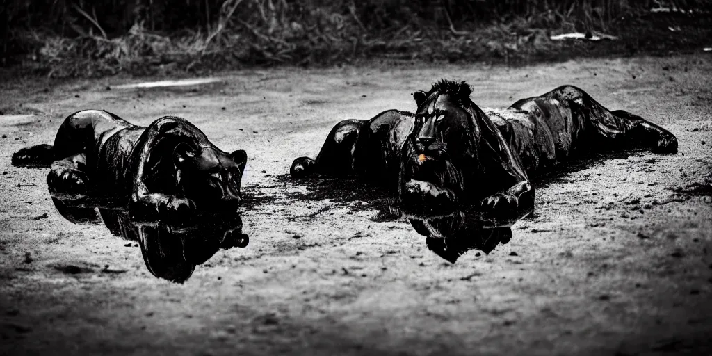 Image similar to the black lioness made of tar, laying on their back, dripping tar, drooling goo, covered in slime, sticky black goo, bathing in the pit filled with tar, dripping goo, sticky black goo. photography, dslr, reflections, black goo, rim lighting, cinematic light, tar pit, chromatic, saturated, slime