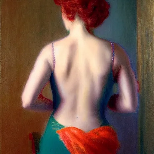 Prompt: a true-to-life portrait of a lady wearing backless sweater, painted by Delphin Enjolras, real-life accurate, photoshoot