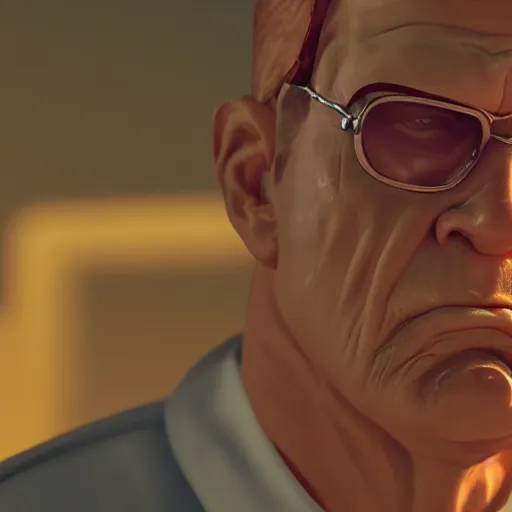 Prompt: angry hank hill with shotgun, extreme detail, studio light, photorealistic, live action, movie still, cinematic, bruised face, soft focus, well edited, 8 k, atmospheric, cigar,