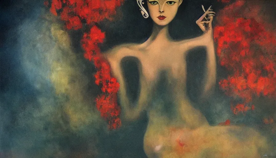 Image similar to surrealist otherworldly beautiful painting by Leonor Fini, Jane Graverol, Marion Elizabeth Adnams, Edith Rimmington, Bridget Tichenor, high quality, high resolution, artistic wallpaper