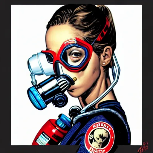 Image similar to portrait of a female diver with a oxygen mask intricate details mask by MARVEL comics and Sandra Chevrier