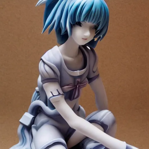 Prompt: intricate marble statue of kawaii rei ayanami kneeling relaxed, highly detailed