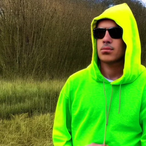 Prompt: a man standing in a yellow field wearing a neon green hoodie