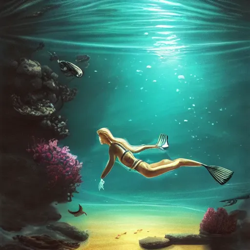 Image similar to old drawing of a scuba diver swimming with a beautiful mermaid underwater, under water scenery, dramatic lighting, intense, epic, hyperrealistic drawing, greg rutzowitzky, artstation