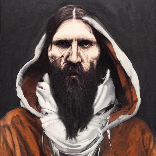 Prompt: a portrait of modern day grigori rasputin wearing hypebeast streetwear hoodie and pants by nicola samori, oil painting, realistic, 8 k, fear of god style