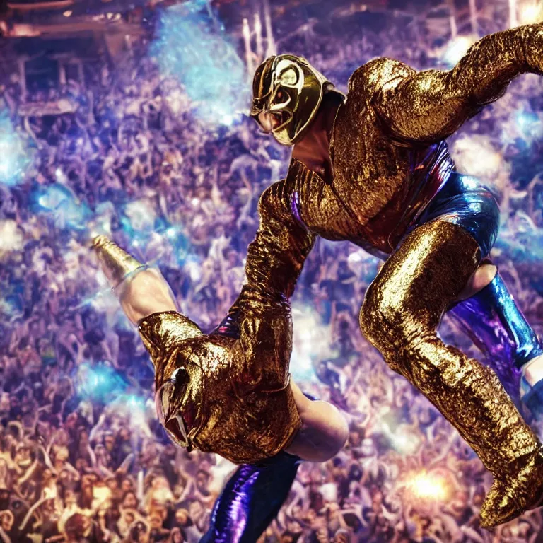 Image similar to octane render portrait by wayne barlow and carlo crivelli and glenn fabry, a giant muscular luchador wrestler wearing iridescent metallic pants and mask, leaping through the air inside a crowded rowdy arena, cinema 4 d, ray traced lighting, very short depth of field, bokeh