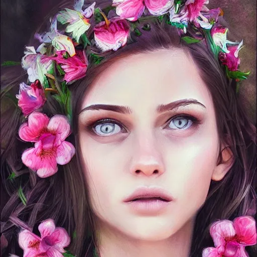 Image similar to a photorealistic portrait of a beautiful woman with flowers in her hair, artstation, outdoors