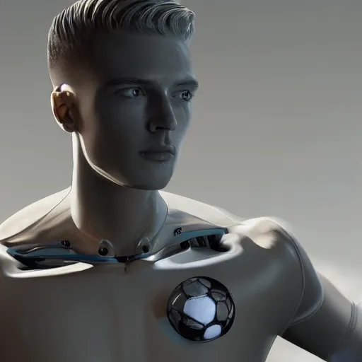 Image similar to a realistic detailed photo of a guy who is an attractive humanoid who is half robot and half humanoid, who is a male android, attractive and handsome soccer players, shiny skin, posing like a statue, blank stare, in a factory, on display, showing off his muscles, wearing soccer shorts, side view, looking at each other mindlessly