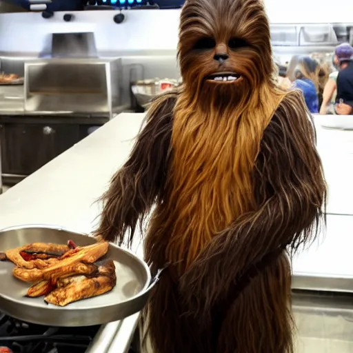 Image similar to Chewbacca with a chefs hat on