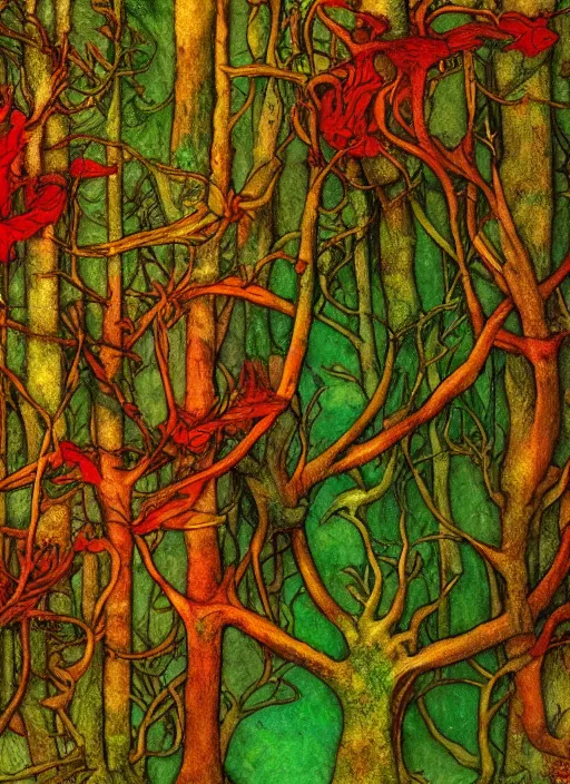 Prompt: magical fantasy forest, green red gold palette, by james jean and hiroshi yoshida and brian froud, photo, textured