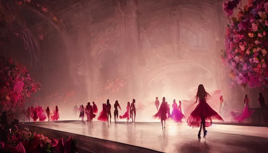 Image similar to victoria secret runway show, light, shadows, reflections, flowers, epic composition, intricate, elegant, volumetric lighting, digital painting, highly detailed, artstation, sharp focus, illustration, concept art, ruan jia, steve mccurry, artgerm and mina petrovic and timothy kong and marina federovna