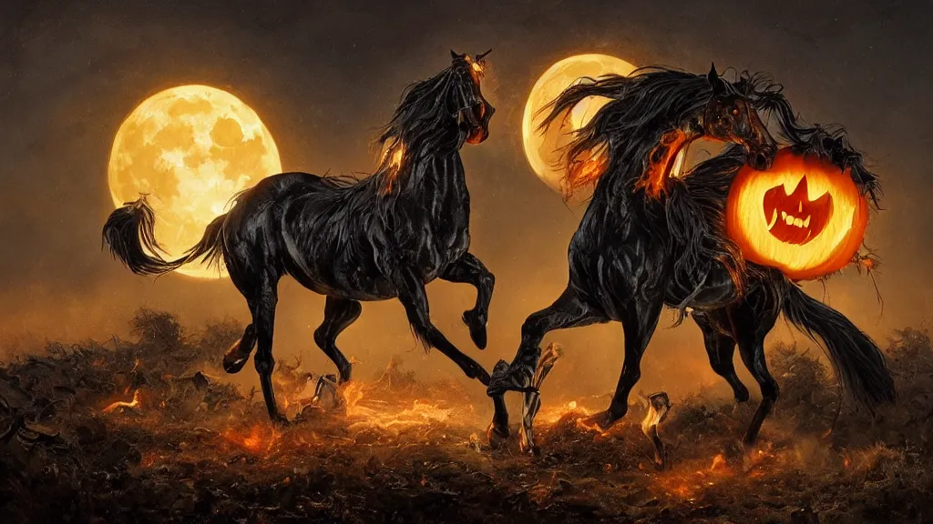 Prompt: rampant ( ( black horse ) ) with fiery eyes, a headless!!! colonial rider!!!! holds a ( jack - o - lantern ), background gnarled trees and large supermoon, in the styles of greg rutkowski, keith parkinson, and john quidor, intricate, detailed, volumetric lighting