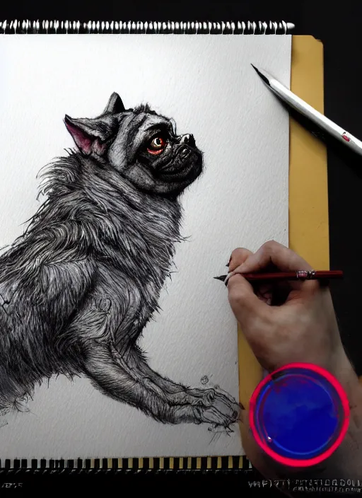 Image similar to werewolf pug, watercolor, dramatic lighting, cinematic, establishing shot, extremely high detail, foto realistic, cinematic lighting, pen and ink, intricate line drawings, by Yoshitaka Amano, Ruan Jia, Kentaro Miura, Artgerm, post processed, concept art, artstation, matte painting, style by eddie mendoza, raphael lacoste, alex ross