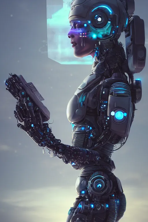 Image similar to detailed photorealistic matte painting of a woman wearing cybernetic power-armor by beeple, trending on artstation, cgsociety, action, vivid colors,dynamic,4k HD