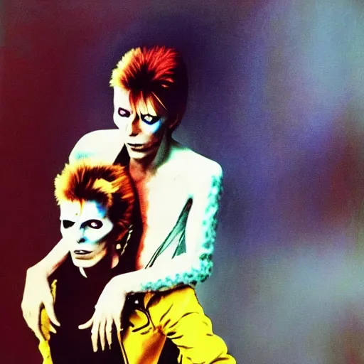 Prompt: david bowie from changes giving a piggy back ride to ziggy stardust. glam rock. by katsushika oi