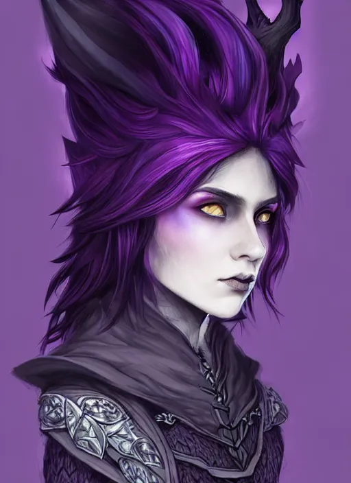 Image similar to side portrait dark witch, adventurer outfit large cloak, fantasy forest landscape, dragon scales, fantasy magic, undercut hairstyle, short purple black fade hair!!!!!!, dark light night, intricate, elegant, sharp focus, illustration, highly detailed!!!!!!!, digital painting, concept art, green neon smoke, matte painting, art by WLOP and Artgerm and Greg Rutkowski and Alphonse Mucha, masterpiece