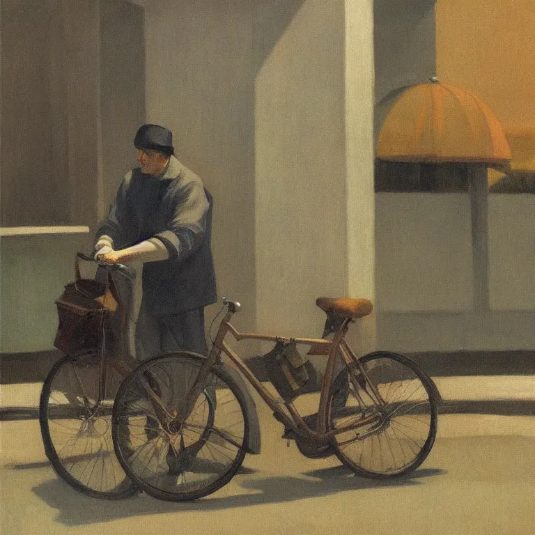 Image similar to a man with a bike resting in quiet town at foggy night, painted by Edward Hopper, oil painting