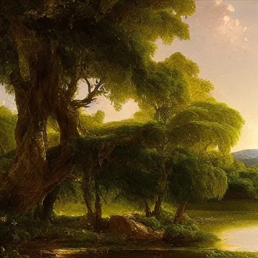 Prompt: a beautiful highly detailed oil painting of a tree next to a river, thomas cole - h 7 0 4