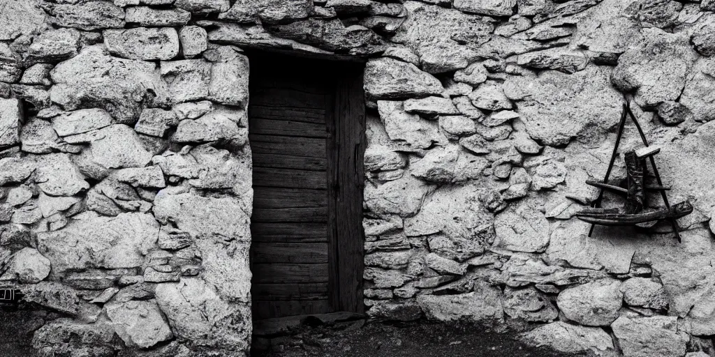 Image similar to photography of a wall with alpine farmer tools in shape of witch signs hanging down, hexagram, häxen, old hut, alp, dolomites, alpine, detailed intricate insanely detailed octane render, 8k artistic 1920s photography, photorealistic, black and white, chiaroscuro, hd, by David Cronenberg, Raphael, Caravaggio