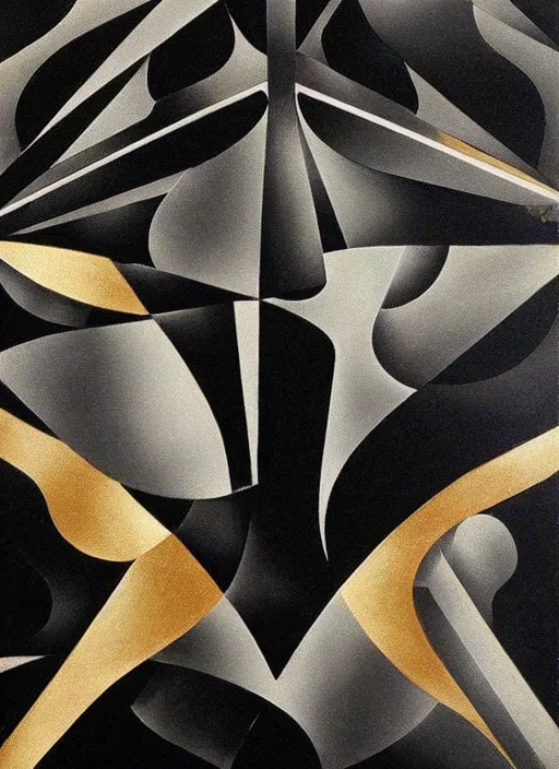 Image similar to black gold silver, crow!!!!!!!!!!!!! symmetrical, award - winning painting, abstract, gold and silver shapes, rectangles, geometry, elegant, luxurious, beautiful, pitch black background, dali