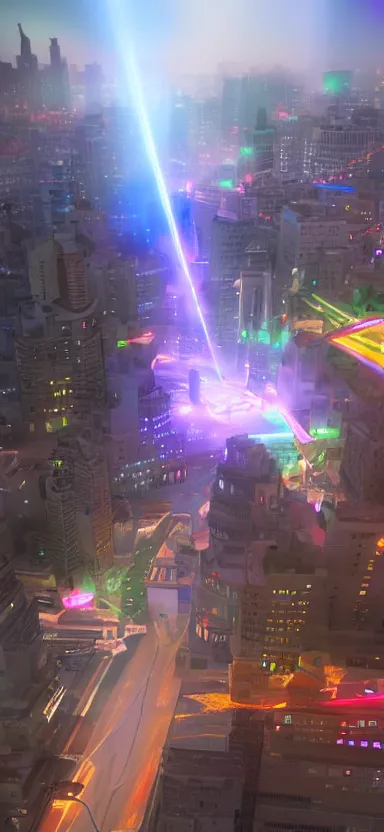 Image similar to unreal engine 5 render of a happy city during the day with lasers coming out of the clouds, digital art ”