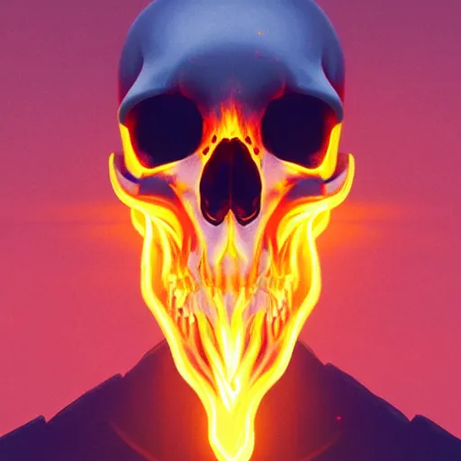 Image similar to A stunning profile of a symmetrical skull on fire Simon Stalenhag, Trending on Artstation, 8K