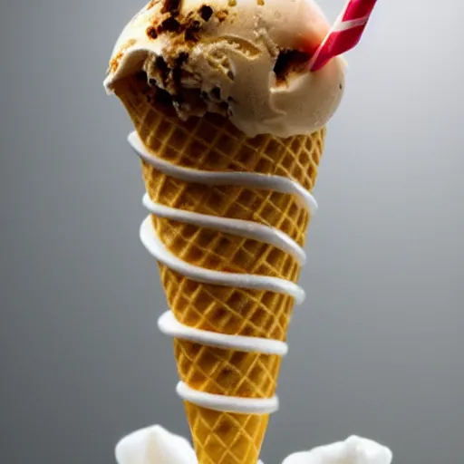 Image similar to a photograph of an ice cream cone skeleton in a miniature ice cream coffin.