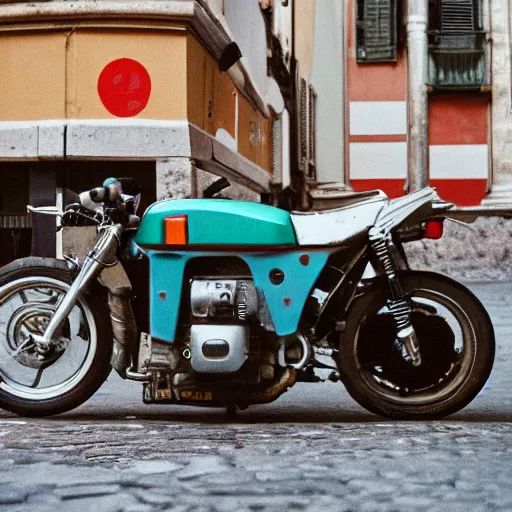 Image similar to photo of cyberpunk motorbike, in rome near coliseum. 2 4 mm lens, leica m 5, kodachrome
